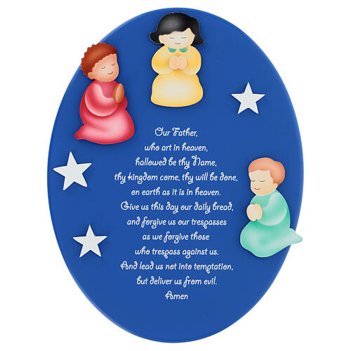 Oval blue wooden ornament with ENG Our Father prayer and angels, Azur Loppiano, 12x9 in 1