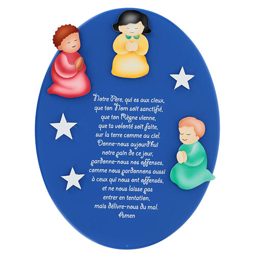 Oval blue wooden ornament with FRE Our Father prayer and angels, Azur Loppiano, 12x9 in 1