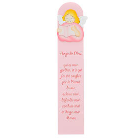 Pink painting of reading angel with FRE prayer, wood, Azur Loppiano, 24x5 in