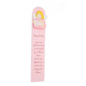 Pink painting of reading angel with FRE prayer, wood, Azur Loppiano, 24x5 in