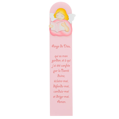 Pink painting of reading angel with FRE prayer, wood, Azur Loppiano, 24x5 in 1