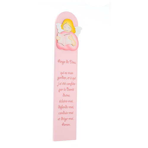 Pink painting of reading angel with FRE prayer, wood, Azur Loppiano, 24x5 in 2