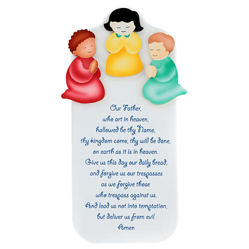 White wooden ornament with ENG Our Father prayer and angels, Azur Loppiano, 11x5 in 1