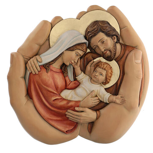 Picture depicting the Holy Family enclosed in hands 40x40x5 cm 1