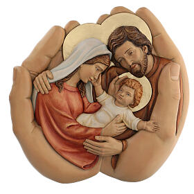 Sacra Famiglia nelle mani legno e colori a olio 40x40x5 cm Perù