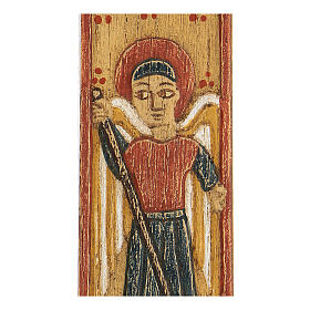 Flachrelief aus Bethléem mit dem Erzengel Michael auf gelbem Hintergrund, 12 x 5 cm