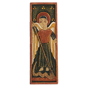 Bethléem Flachrelief aus Holz mit dem Erzengel Michael auf blauem Hintergrund, 12 x 5 cm