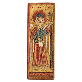 Bethléem Flachrelief aus Holz mit dem Erzengel Gabriel auf gelbem Hintergrund, 12 x 5 cm