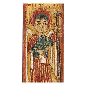Bethléem Flachrelief aus Holz mit dem Erzengel Gabriel auf gelbem Hintergrund, 12 x 5 cm