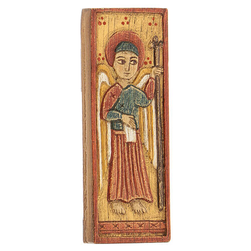 Bethléem Flachrelief aus Holz mit dem Erzengel Gabriel auf gelbem Hintergrund, 12 x 5 cm 3