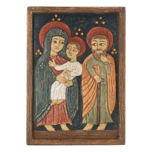 Płaskorzeźba Święta Rodzina tło niebieskie, drewno, Bethléem, 10x10 cm 1