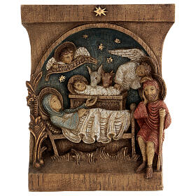 Bethléem Flachrelief aus Holz mit Christi Geburt und Engeln, 25 x 20 cm