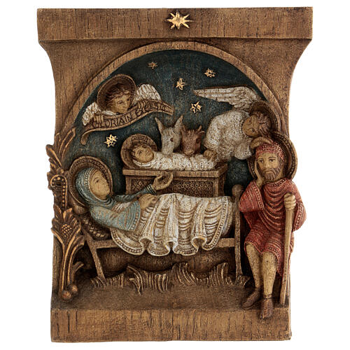 Bethléem Flachrelief aus Holz mit Christi Geburt und Engeln, 25 x 20 cm 1