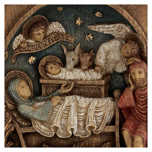 Bethléem Flachrelief aus Holz mit Christi Geburt und Engeln, 25 x 20 cm 2