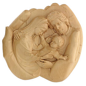 Heilige Familie in Händen, Relief – naturbelassenes Lenga-Holz – 30 × 30 cm – Peru