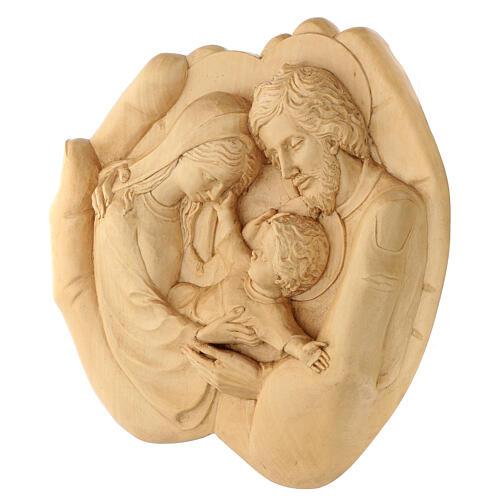 Heilige Familie in Händen, Relief – naturbelassenes Lenga-Holz – 30 × 30 cm – Peru 3