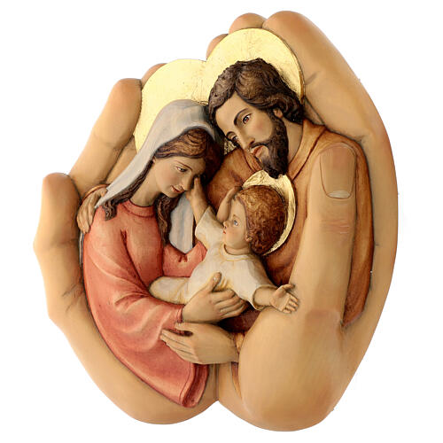 Heilige Familie in Händen – bemaltes Flachrelief aus Lenga-Holz – 30 × 30 cm – Peru 3