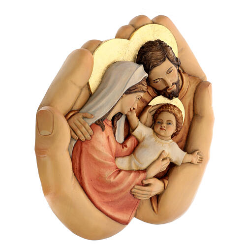 Heilige Familie in Händen – bemaltes Flachrelief aus Lenga-Holz – 30 × 30 cm – Peru 4