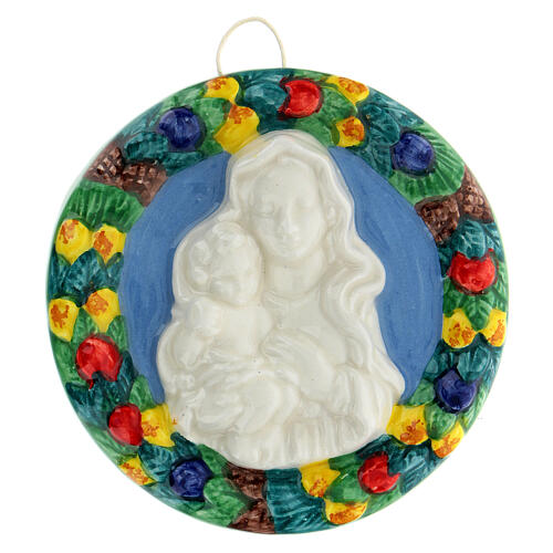 Bas relief baked clay round shape Virgin with baby Jesus 1