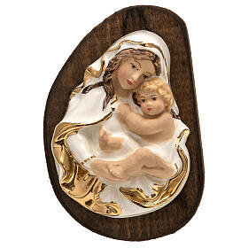 Basrelief aus Keramik Madonna und Kind, mit Holz-Basis