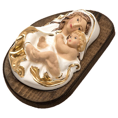 Basrelief aus Keramik Madonna und Kind, mit Holz-Basis 3