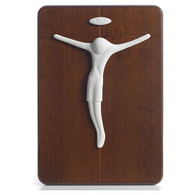 Bas-relief crucifix in porcelain and walnut wood, Pinton