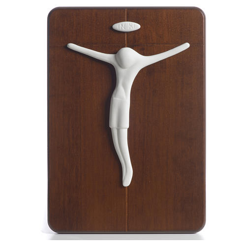Bas-relief crucifix in porcelain and walnut wood, Pinton 1