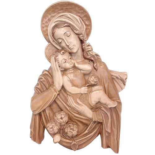 Relief, Our Lady with baby and roses multi-patinated Valgardena 1