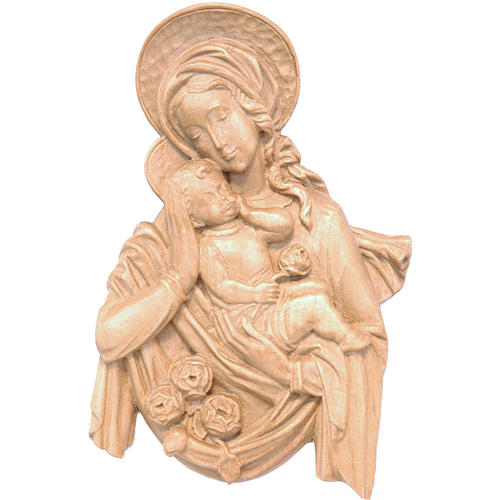 Relief Gottesmutter Kind und Rosen Grödnertal Holz patiniert 1