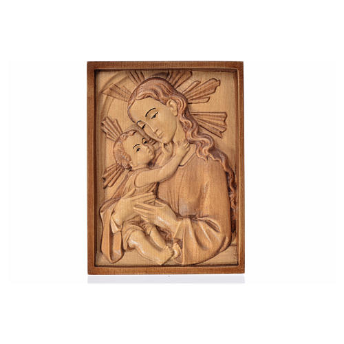 Our Lady with baby Jesus multi-patinated wood plaque in relief Valgardena 1