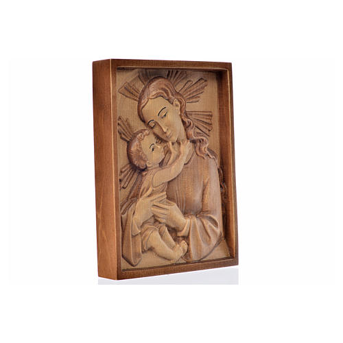 Our Lady with baby Jesus multi-patinated wood plaque in relief Valgardena 2