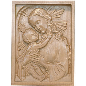 Our Lady with baby Jesus patinated wood plaque in relief Valgardena