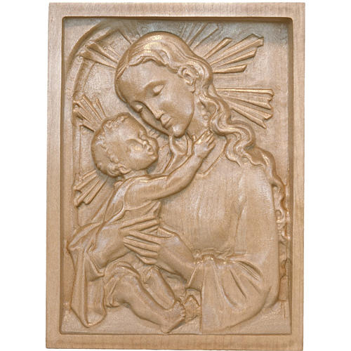 Our Lady with baby Jesus patinated wood plaque in relief Valgardena 1