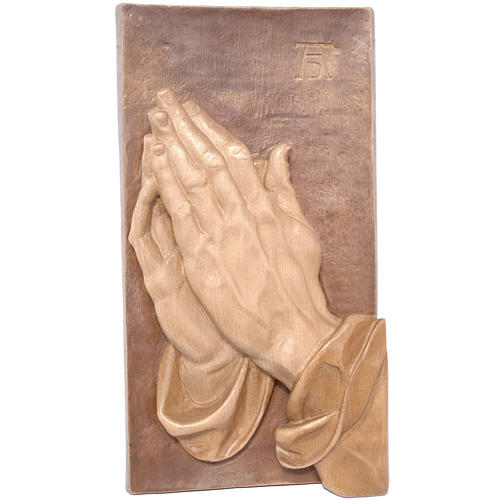 Bas-relief with joined hands, multi-patinated Valgardena wood 1