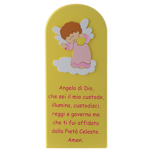 Bild aus gelb und rosa gefärbtem Holz mit Engel-Gottes Gebet und Engel, 30 x 10 cm 1