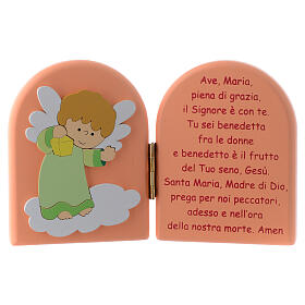 Diptychon aus grűn und rosa gefärbtem Holz mit Ave Maria Gebet und Engel, 10 x 15 cm
