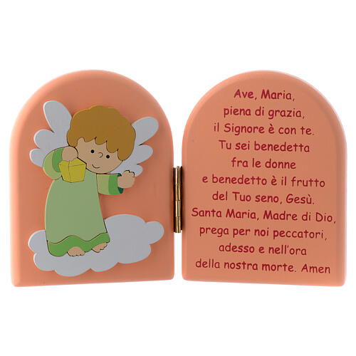Diptychon aus grűn und rosa gefärbtem Holz mit Ave Maria Gebet und Engel, 10 x 15 cm 1