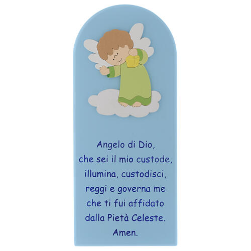Bild aus grűn und hellblau gefärbtem Holz mit Engel-Gottes Gebet und Engel, 30 x 10 cm 1