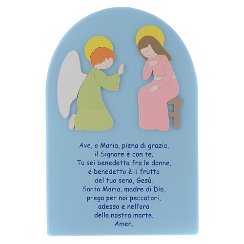 Mariä Verkűndigung Bild aus hellblau gefärbtem Holz mit Ave Maria Gebet auf Italienisch, 25 x 15 cm.  1
