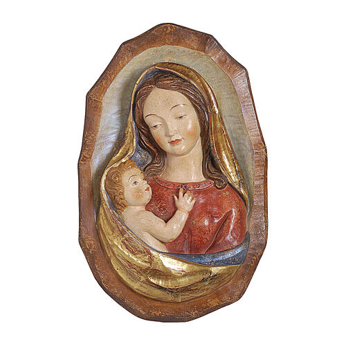 Flachrelief der Madonna mit Jesuskind aus Grődnertal-Holz mit antikem Feingold 1