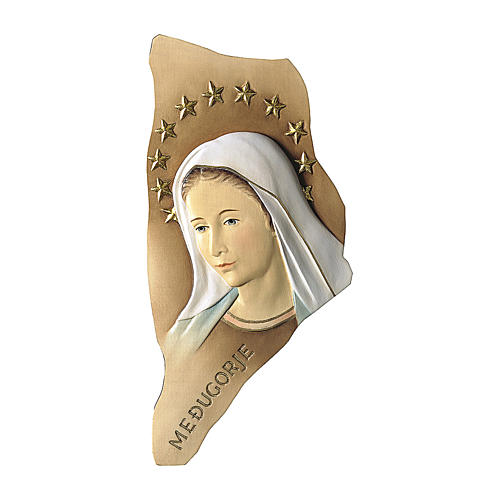 Relieve Virgen de Medjugorje con corona de estrellas madera pintada Val Gardena 1