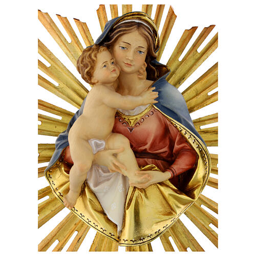 Our Lady and baby Jesus with rays painted wood relief, Valgardena 2