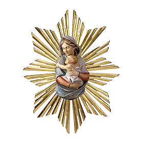 Relief Sainte Vierge buste à suspendre avec auréole à rayons bois peint Val Gardena