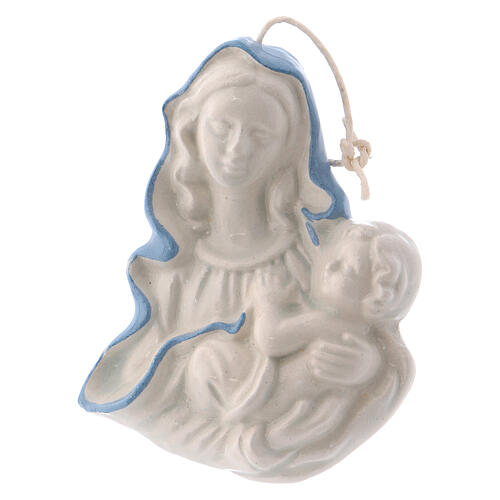 Kleine Ikone der Madonna mit dem Jesuskind aus weißer Keramik von Deruta mit blauen Details, 5 x 5 x 1 cm 1