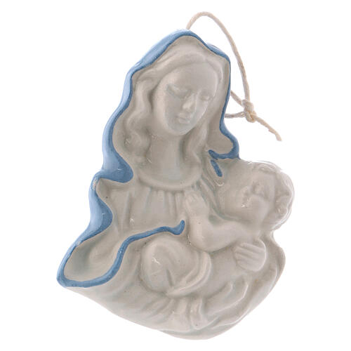 Kleine Ikone der Madonna mit dem Jesuskind aus weißer Keramik von Deruta mit blauen Details, 5 x 5 x 1 cm 2