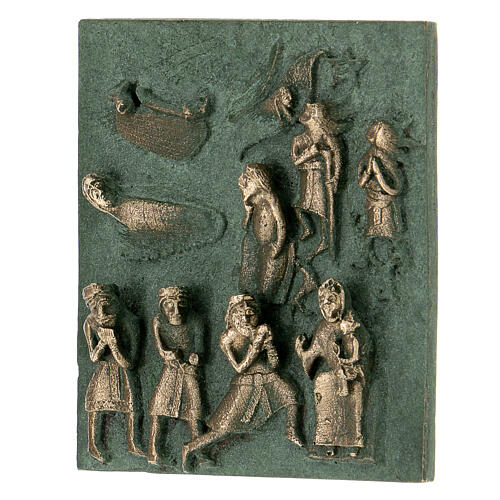 Fliese San Zeno Verona aus Bronze mit Geburt Christi, Schäfern und den Heiligen Drei Königen mit Haken. 2