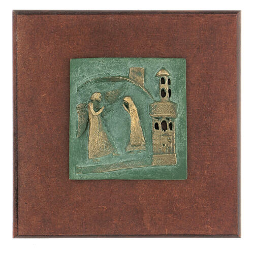 Annonciation bronze tile of San Zeno of Verona on antique finish wood 1
