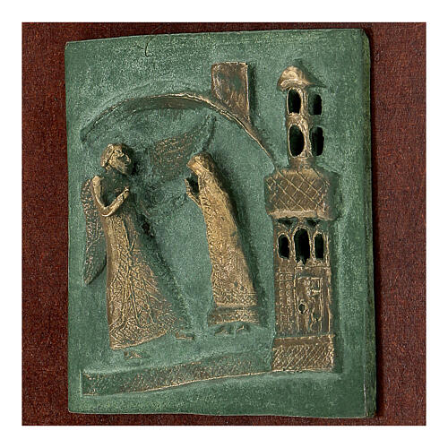 Annonciation bronze tile of San Zeno of Verona on antique finish wood 2