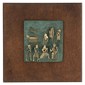 Nativity Scene with shepherds and Wise Men, bronze tile of San Zeno of Verona on antique finish wood