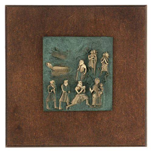 Nativity Scene with shepherds and Wise Men, bronze tile of San Zeno of Verona on antique finish wood 1